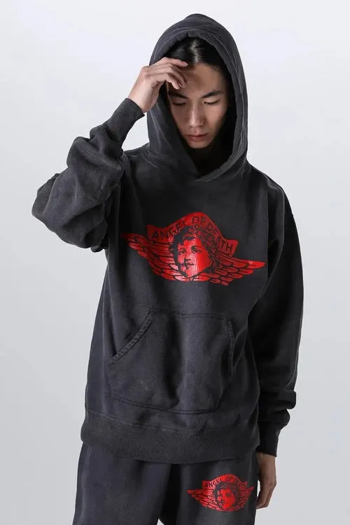 SAINT Mxxxxxx ANGEL HOODIE/BLK Angel Rebirth Crack Printed Retro Distressed Hoodie Assute dyeing, full-length spray-on fade, heavy fermentation wash, NEW VINTAGE texture, factory four-needle and six-thread workmanship, boneless patchwork, more comfortable to wear, genuine level crack print/accessories restored